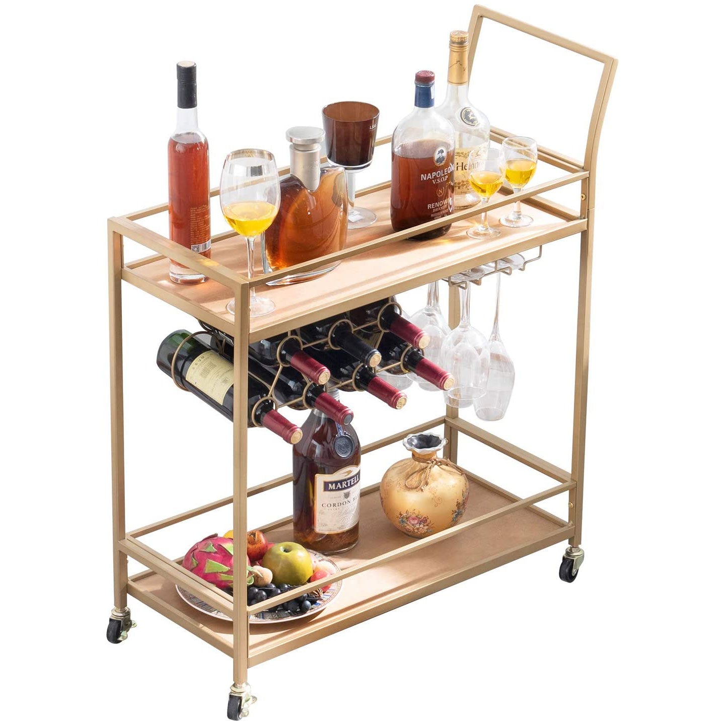 Bar Serving Cart on Wheels with Wine Rack and Glass Holder Kitchen Storage Carts