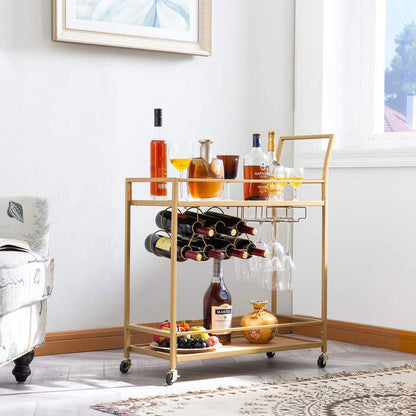 Bar Serving Cart on Wheels with Wine Rack and Glass Holder Kitchen Storage Carts