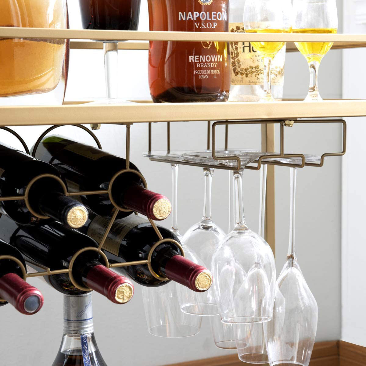 Bar Serving Cart on Wheels with Wine Rack and Glass Holder Kitchen Storage Carts