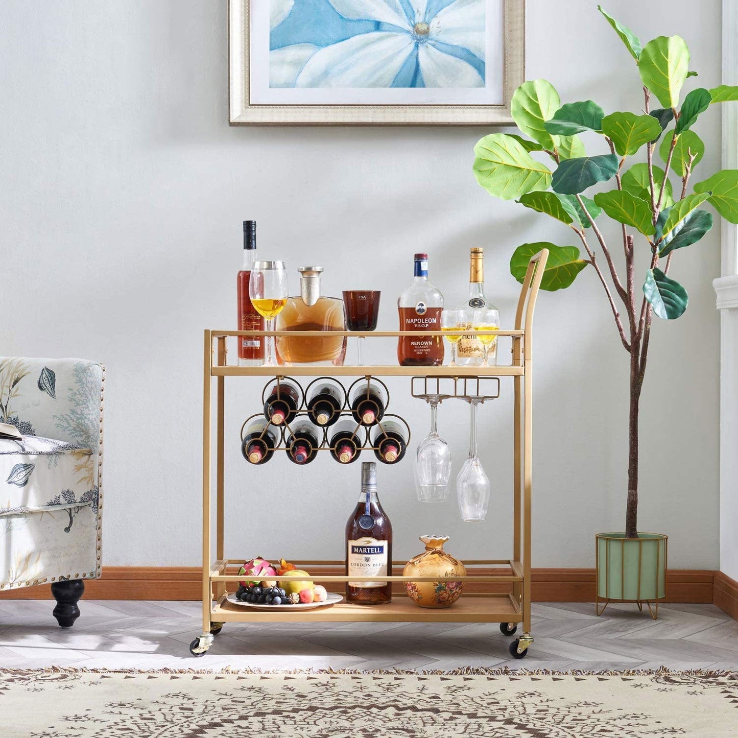 Bar Serving Cart on Wheels with Wine Rack and Glass Holder Kitchen Storage Carts