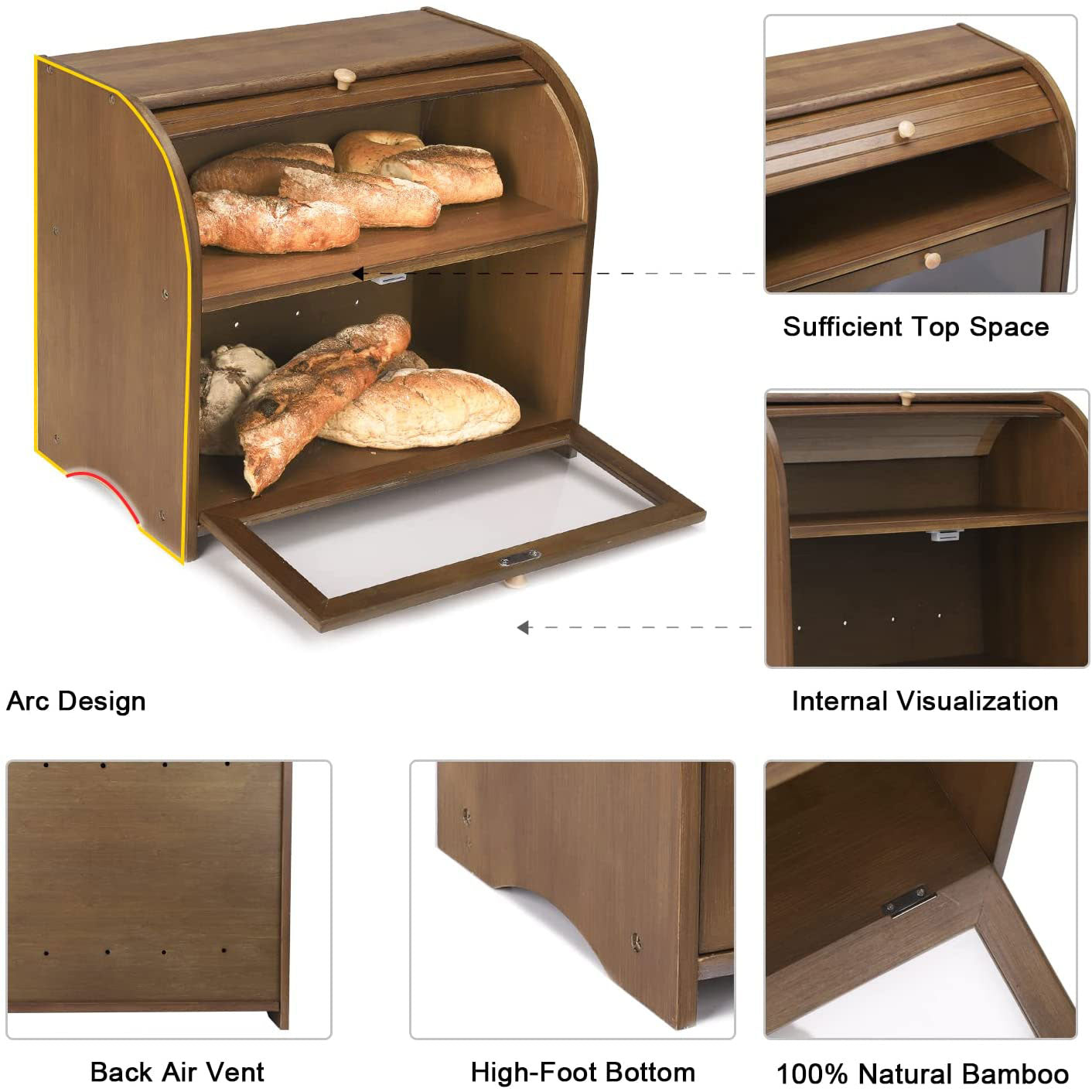 Bread Box for Kitchen Countertop Bread Containers 2 Layers Rolltop