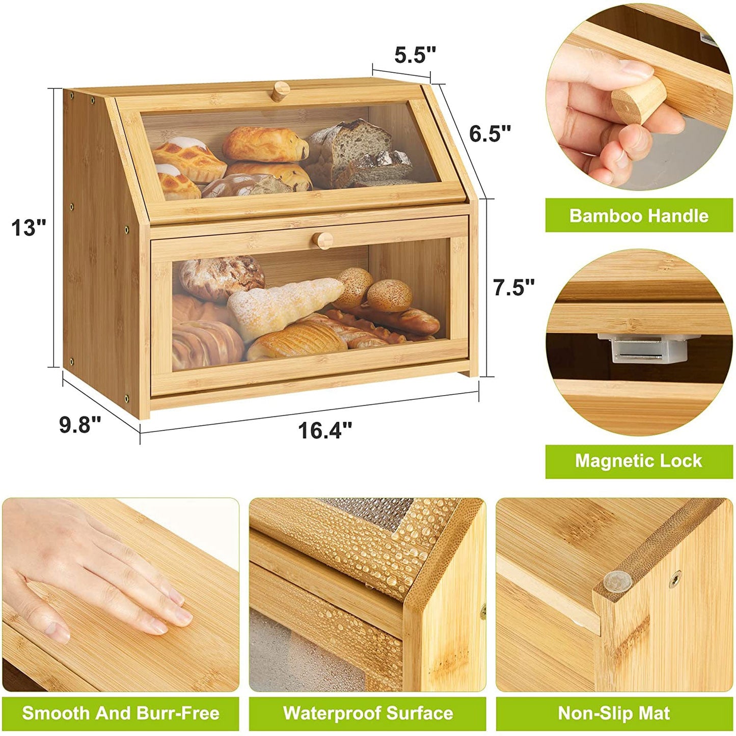 Bread Box for Kitchen Countertop Bread Containers Double Layer