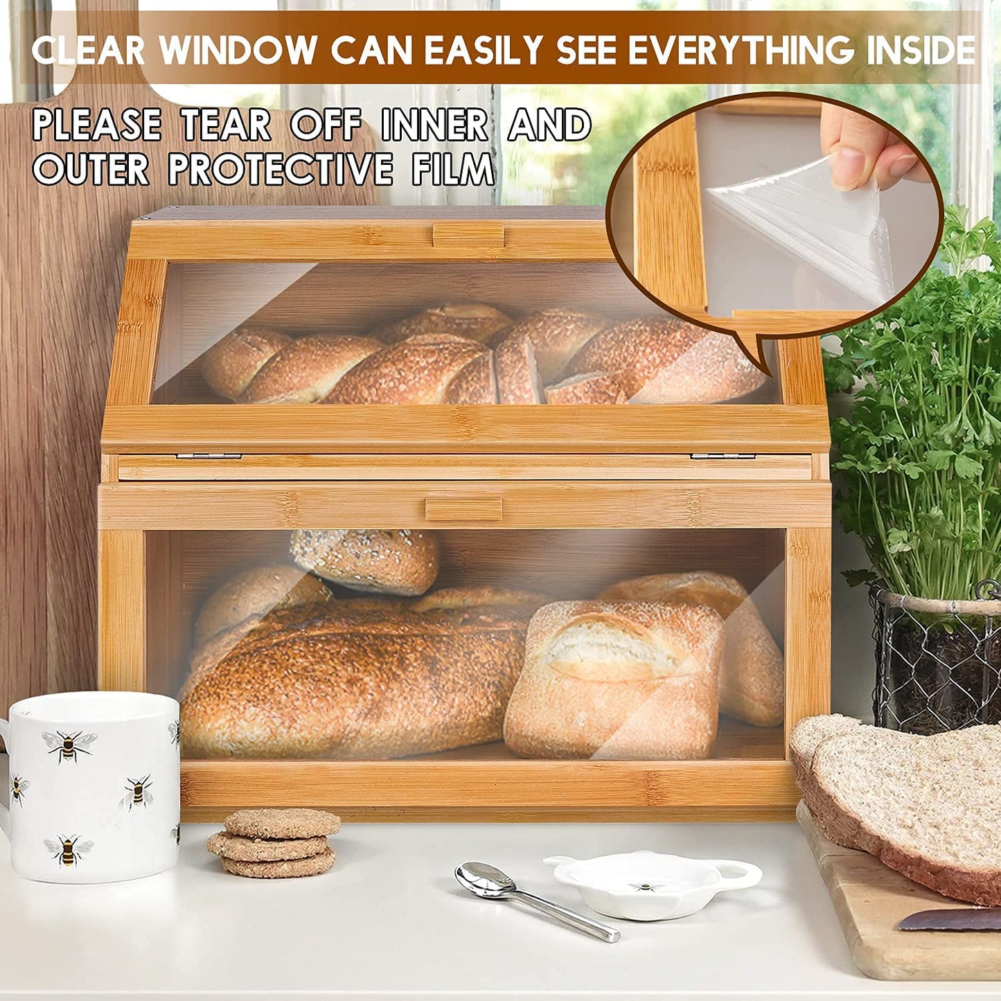 Bread Box for Kitchen Countertop Double Compartment